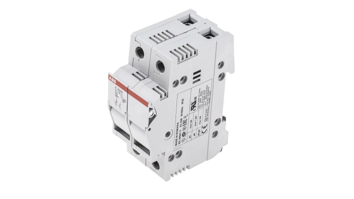 Sezionatore portafusibili ABB, bipolare, 32 A, montaggio su guida DIN, tensione 400/690 V, fusibile 10 x 38 mm.