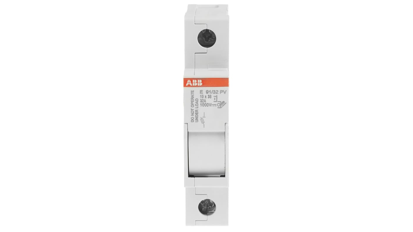 Sezionatore portafusibili ABB E 91/32 PV, 32A, montaggio su guida DIN, dimensioni 64 x 18 x 85 mm, grado di protezione IP20.