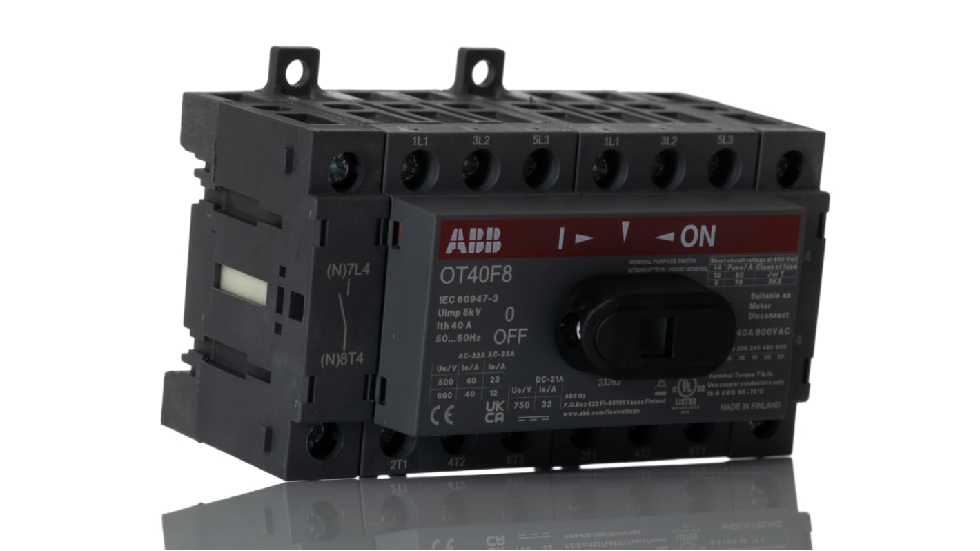 Interruttore di isolamento ABB OT40F8, 8 poli, 40A, 400V, montaggio su base, dimensioni 96x68x68mm, grado di protezione IP20.