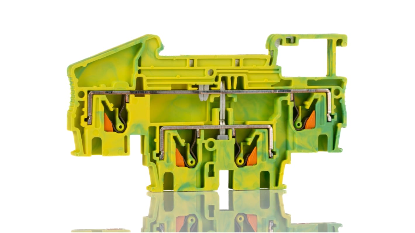 Morsettiera di terra Phoenix Contact PTTB 4-PE, 4 vie, dimensioni 83.5 mm x 6.2 mm x 55 mm, materiale poliammide, colore verde/giallo.
