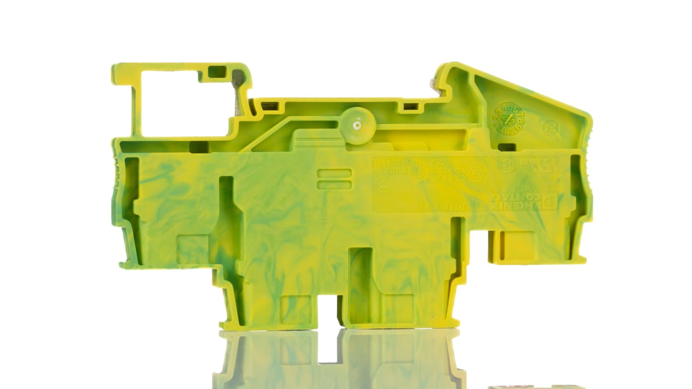 Morsettiera di terra Phoenix Contact PTTB 4-PE, 4 vie, dimensioni 83.5 mm x 6.2 mm x 55 mm, materiale poliammide, colore verde/giallo.