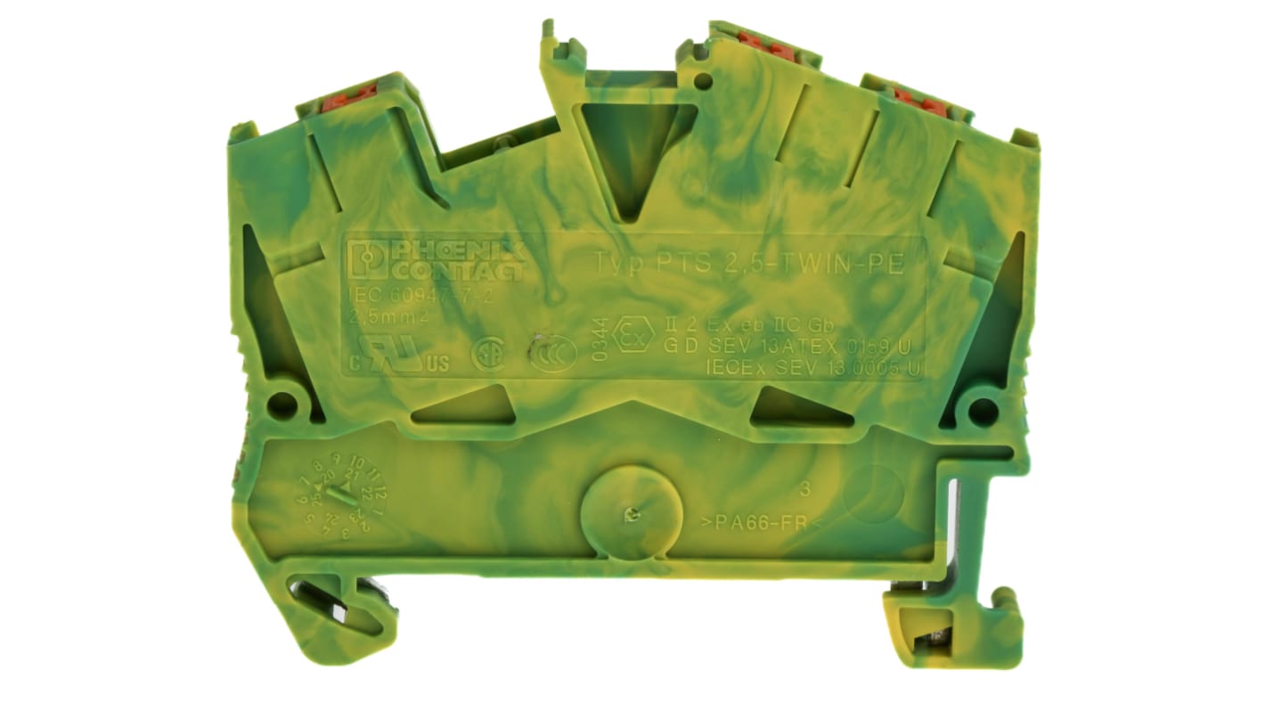 Morsettiera di terra Phoenix Contact 3211935, 3 vie PTS 2.5-TWIN-PE, per cavi 26-12 AWG, montaggio su guida DIN, dimensioni 49x5.2x50.5 mm.