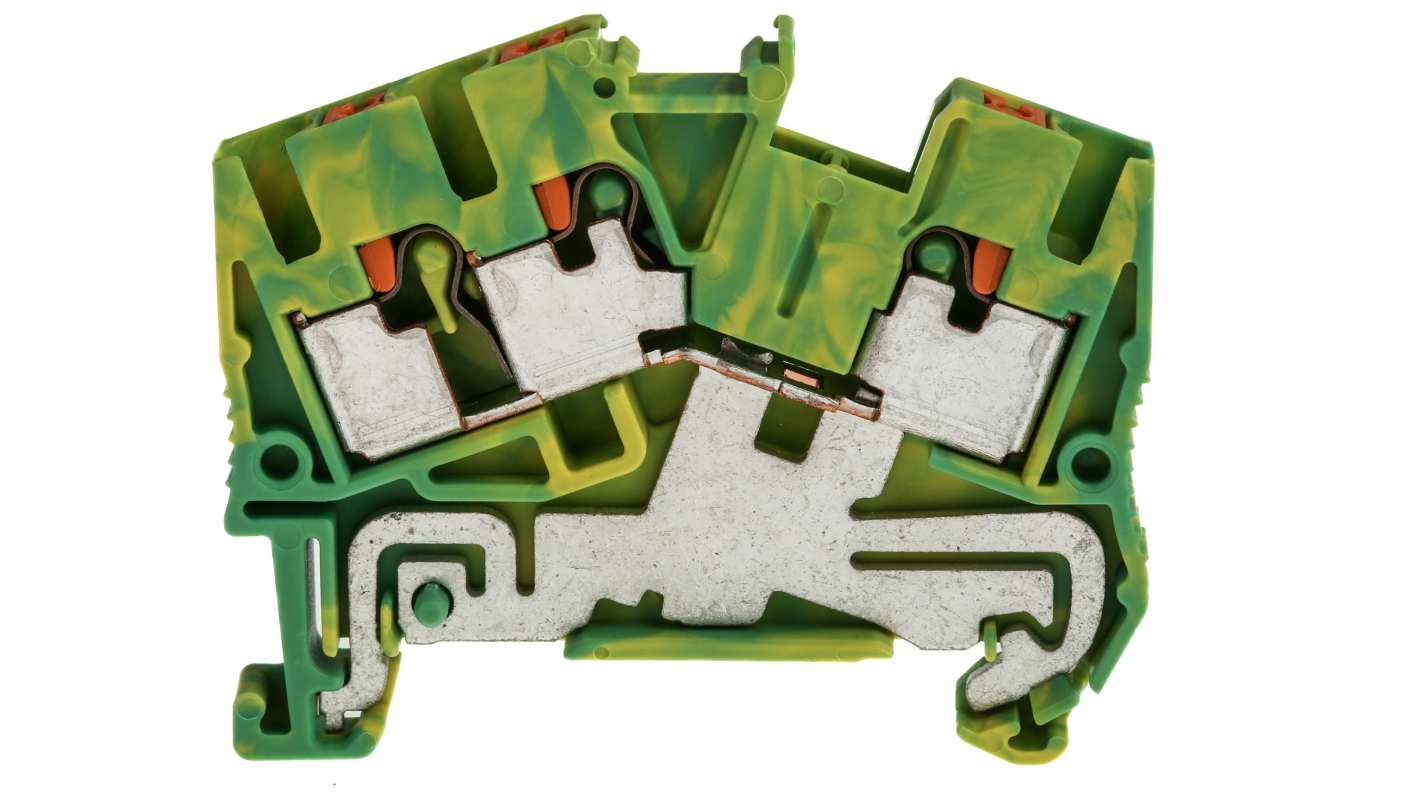 Morsettiera di terra Phoenix Contact 3211935, 3 vie PTS 2.5-TWIN-PE, per cavi 26-12 AWG, montaggio su guida DIN, dimensioni 49x5.2x50.5 mm.