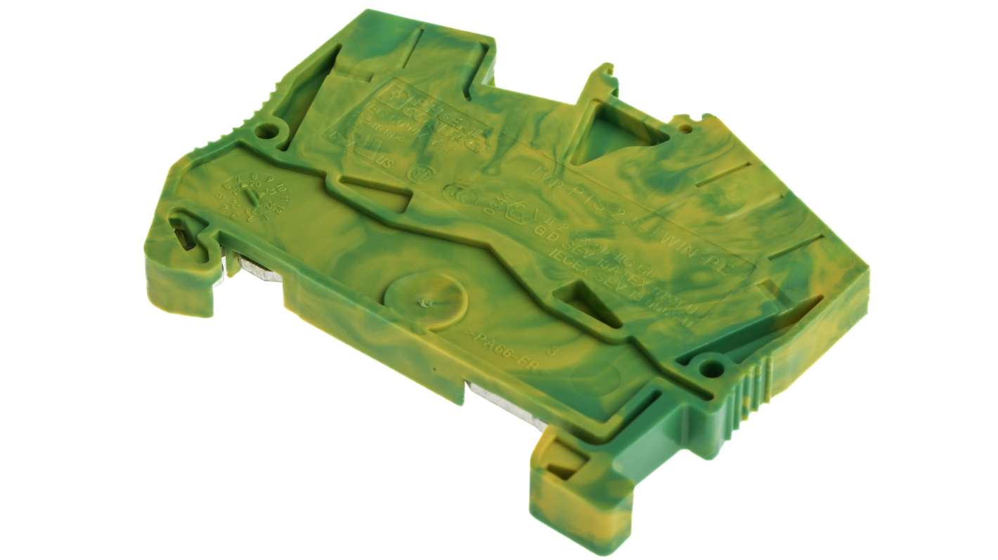 Morsettiera di terra Phoenix Contact 3211935, 3 vie PTS 2.5-TWIN-PE, per cavi 26-12 AWG, montaggio su guida DIN, dimensioni 49x5.2x50.5 mm.