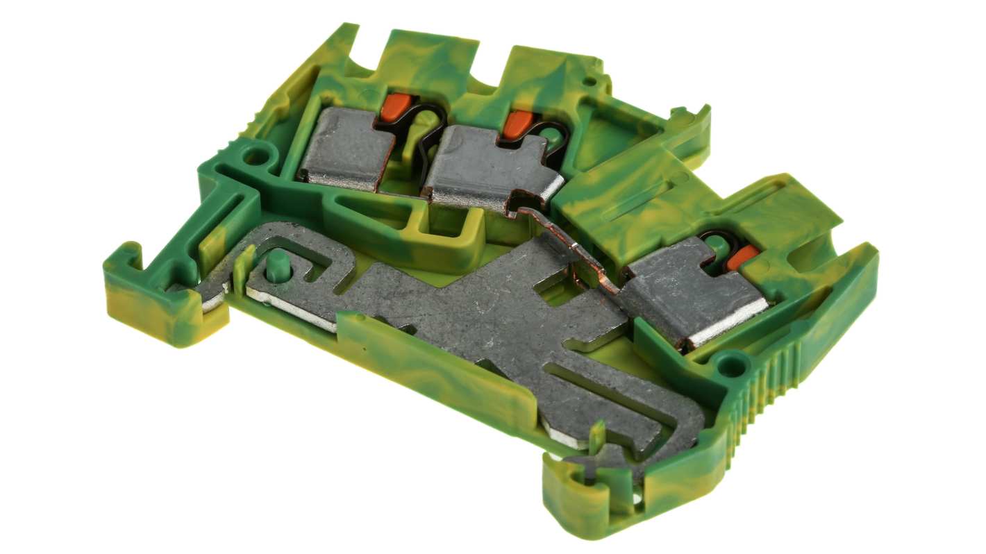 Morsettiera di terra Phoenix Contact 3211935, 3 vie PTS 2.5-TWIN-PE, per cavi 26-12 AWG, montaggio su guida DIN, dimensioni 49x5.2x50.5 mm.