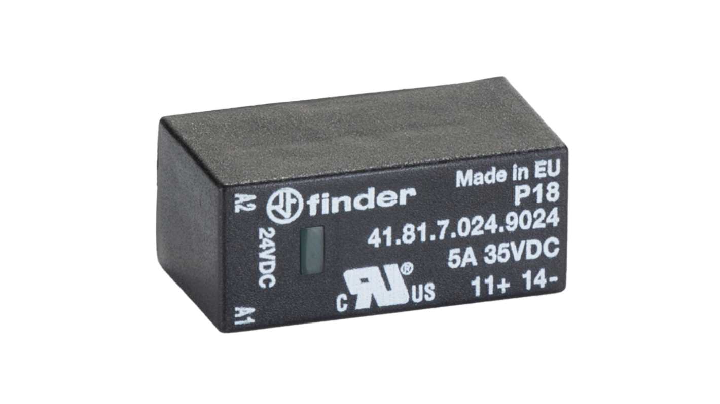 Finder 41.81.7.024.9024, relè a stato solido per montaggio su PCB, 5 A, 24 V dc, dimensioni 29 x 12,7 x 15,7 mm.