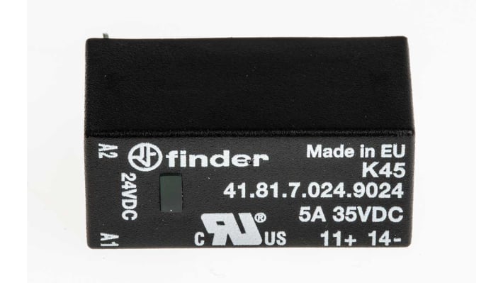 Finder 41.81.7.024.9024, relè a stato solido per montaggio su PCB, 5 A, 24 V dc, dimensioni 29 x 12,7 x 15,7 mm.