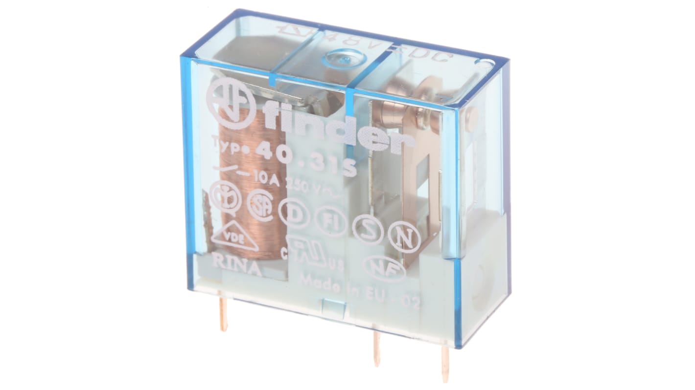 Finder 40.31.7.048.0000, relè di potenza SPDT 48V cc, montaggio su PCB, dimensioni 25x29x12,4 mm, corrente 10A.