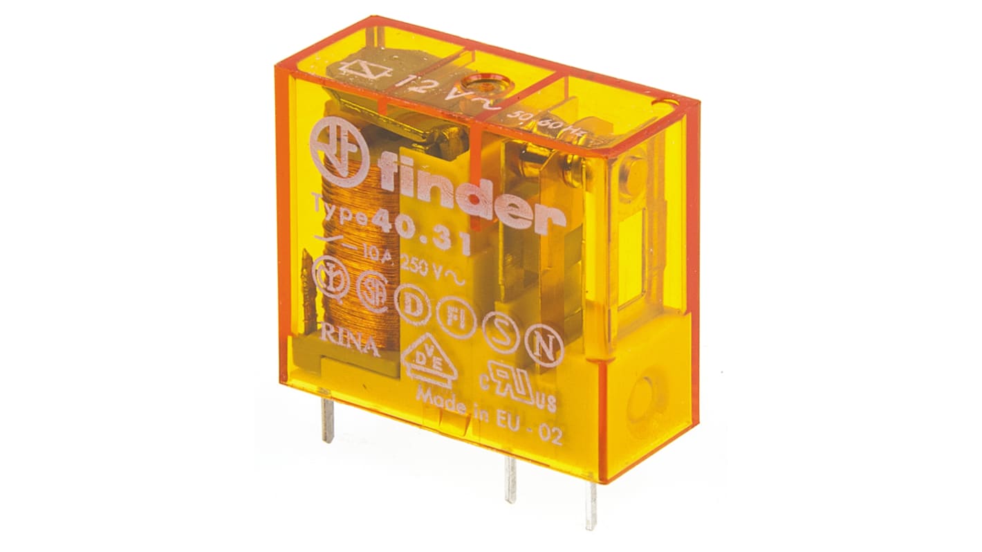 Finder 40.31.8.012.0000, relè di potenza SPDT 12V ca, montaggio su PCB, dimensioni 25x29x12,4 mm, corrente 10A.