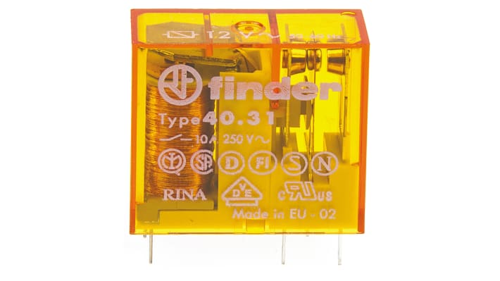 Finder 40.31.8.012.0000, relè di potenza SPDT 12V ca, montaggio su PCB, dimensioni 25x29x12,4 mm, corrente 10A.