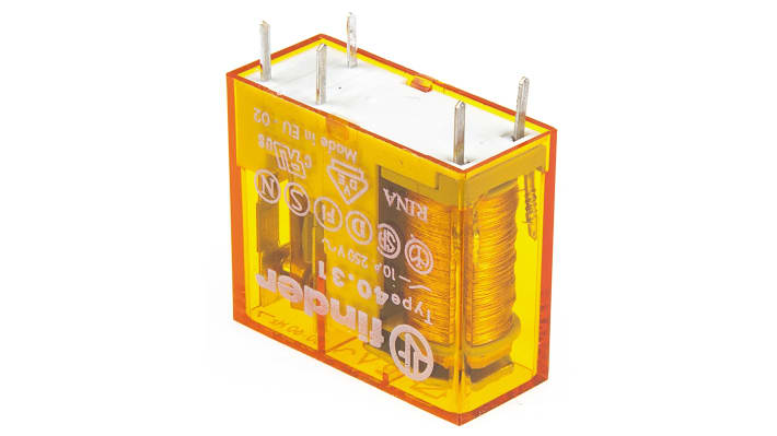 Finder 40.31.8.012.0000, relè di potenza SPDT 12V ca, montaggio su PCB, dimensioni 25x29x12,4 mm, corrente 10A.