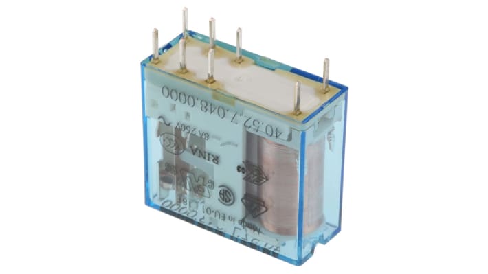 Finder 40.52.7.048.0000, relè DPDT 48V cc per montaggio su PCB, corrente 8A, dimensioni 29x25x12.4mm.