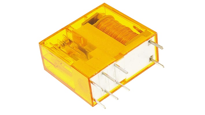 Finder 40.52.8.012.0000, relè DPDT per montaggio su PCB, tensione 12V, corrente 8A, dimensioni 29x25x12.4mm.