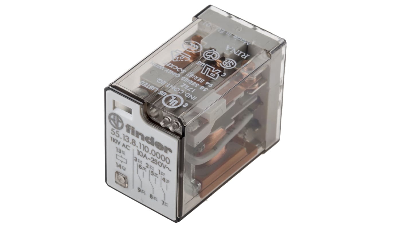Finder 55.13.8.110.0000, relè di potenza 3PDT, montaggio su PCB, 10A, 400V, temperatura -40°C/+85°C.