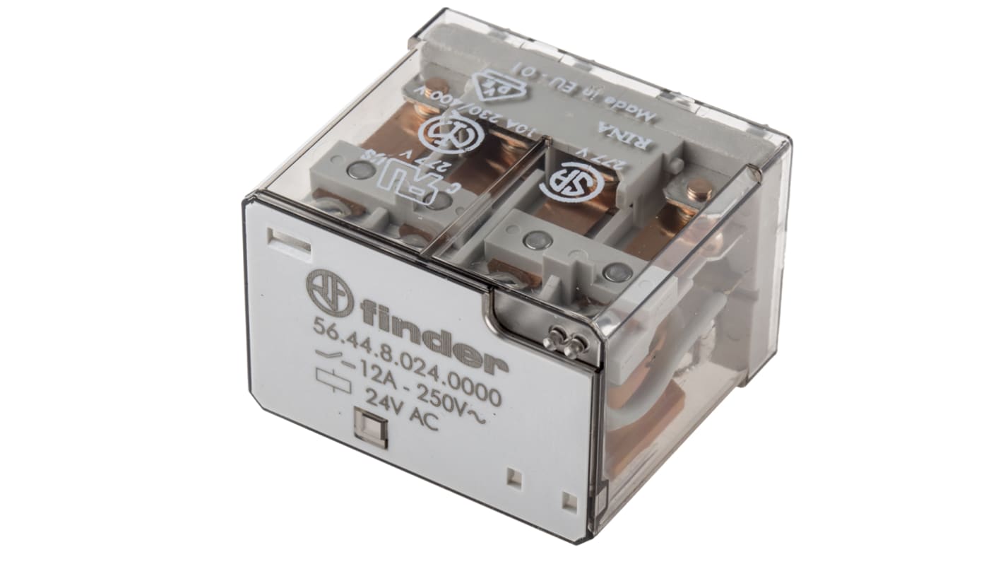 Finder 56.44.8.024.0000, relè di potenza 4PDT, bobina 24V, montaggio su PCB, dimensioni 41,1 x 20,7 x 27,7 mm.