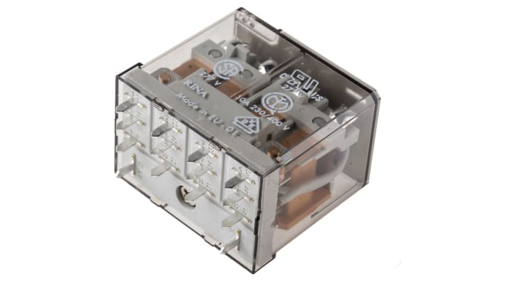 Finder 56.44.8.024.0000, relè di potenza 4PDT, bobina 24V, montaggio su PCB, dimensioni 41,1 x 20,7 x 27,7 mm.