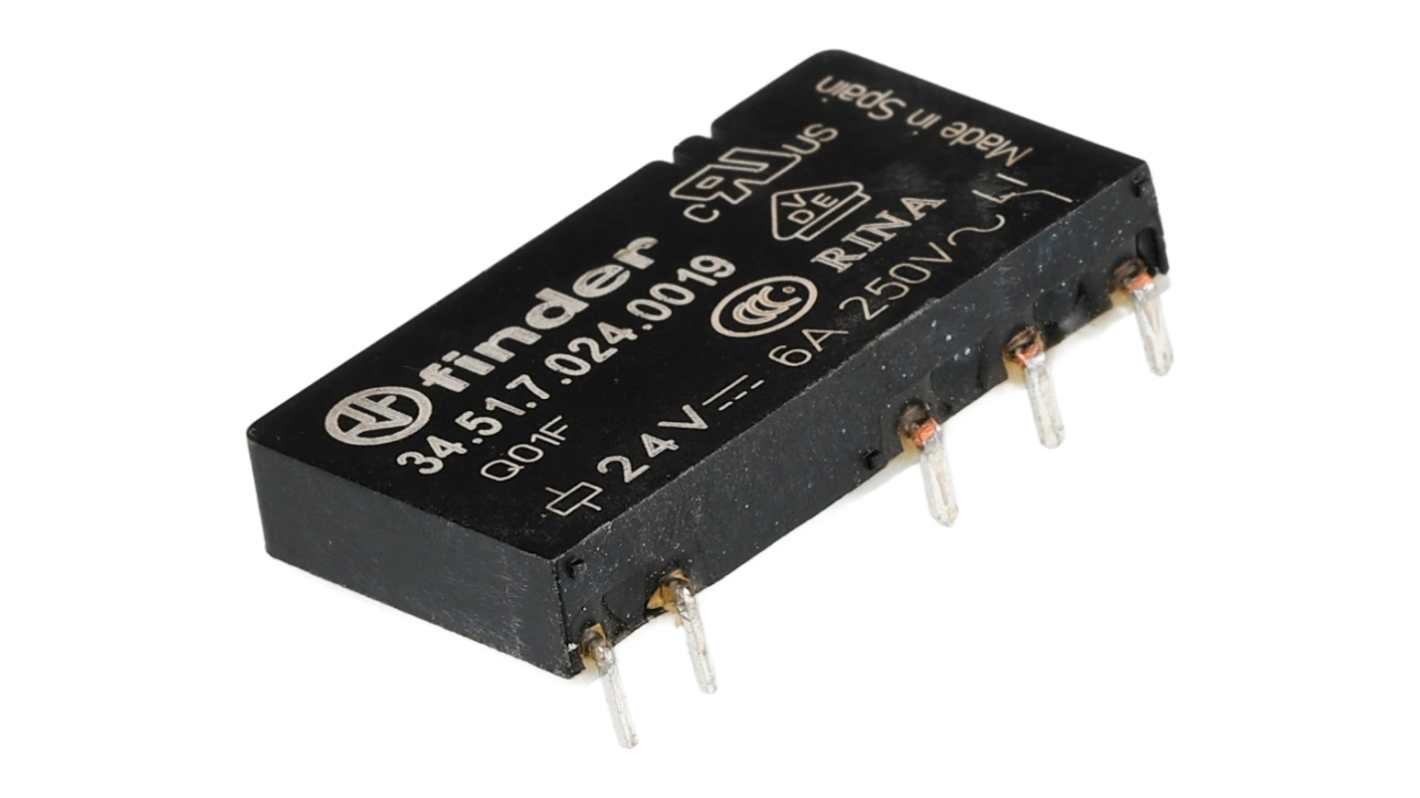 Finder 34.51.7.024.0019, relè di potenza SPDT ultrasottile 5 mm, montaggio su PCB, bobina 24V cc, corrente 6A.