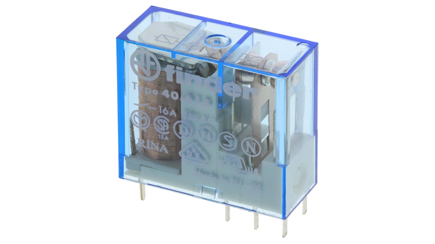 Finder 40.61.7.048.0000, relè di potenza SPDT 48V cc, montaggio su PCB, dimensioni 25x29x12,4 mm, corrente 16A.