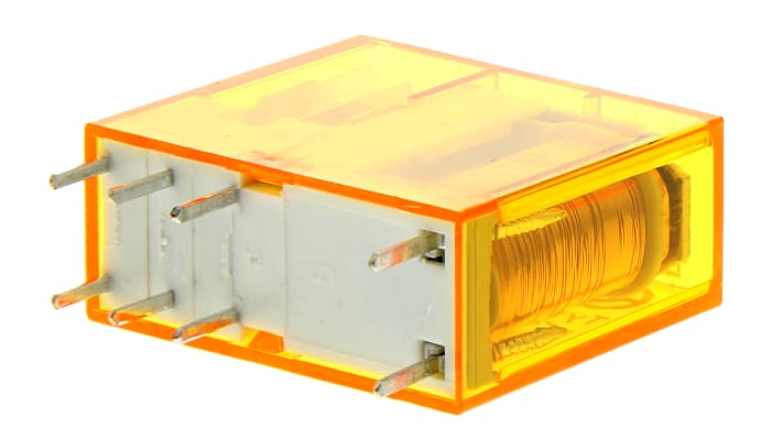 Finder 40.61.8.012.0000, relè di potenza SPDT 12V ca, montaggio su PCB, dimensioni 25x29x12,4 mm, corrente 16A, isolamento 6 kV.