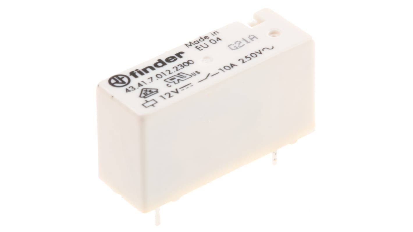 Relè di potenza Finder 43, SPST, 12V cc, montaggio su PCB, dimensioni 15,4 x 10,2 x 30,2 mm, corrente 10 A.