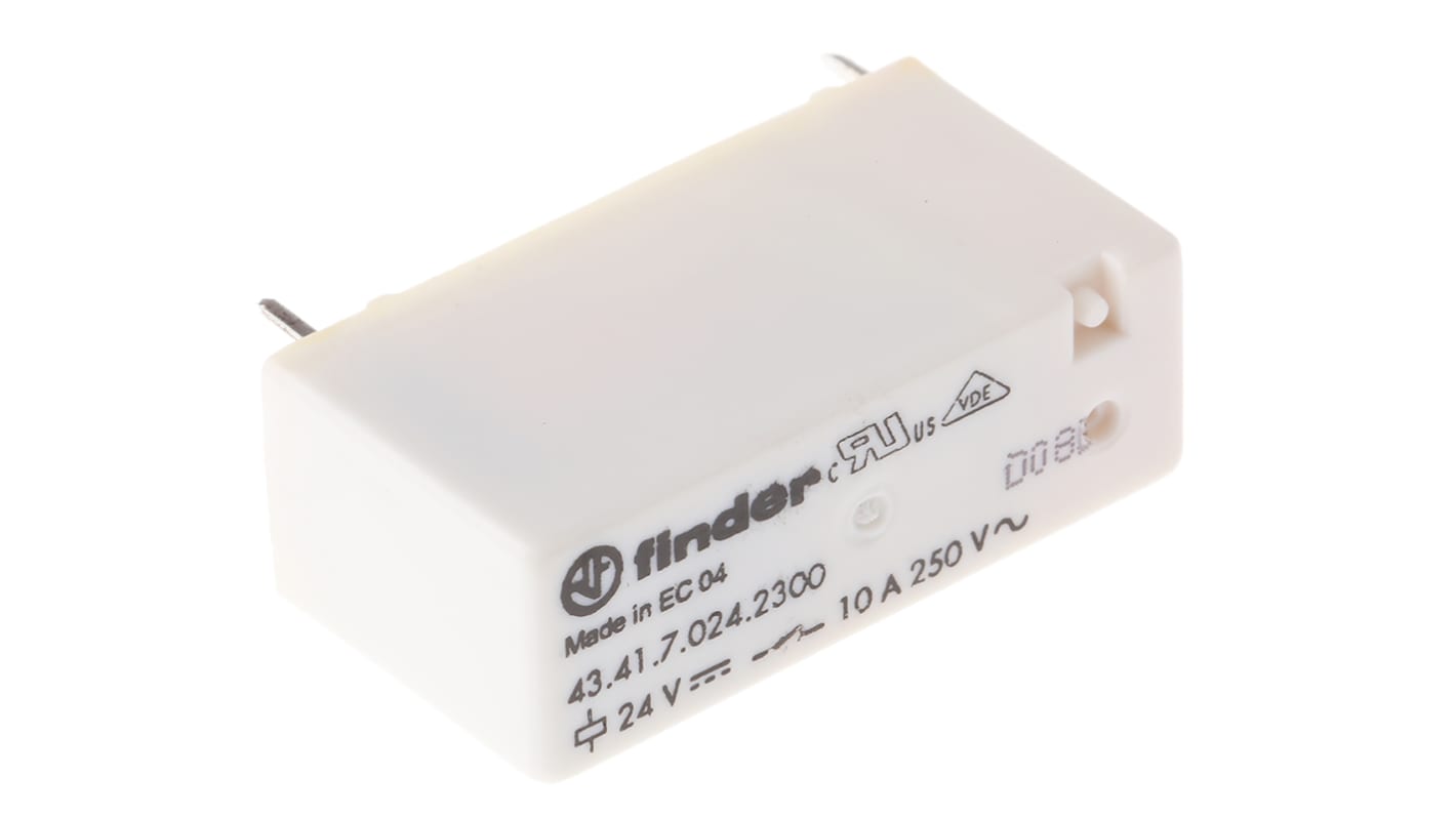 Relè di potenza Finder 43, SPST, 24V cc, montaggio su PCB, dimensioni 15,4 x 10,2 x 30,2 mm, corrente 10 A.