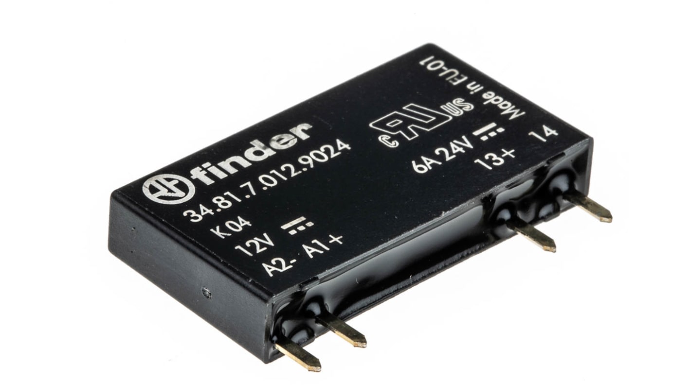 Finder 34.81.7.012.9024, relè a stato solido ultrasottile per montaggio su PCB, 2 A, 24 V c.c., dimensioni 28 x 15 x 5 mm.