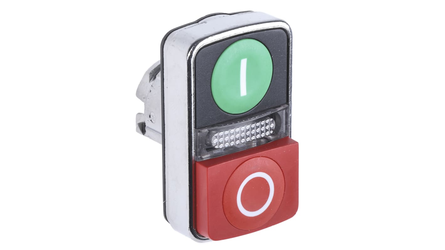 Testa del pulsante doppio illuminato Schneider Electric, verde e rosso - Harmony XB4 - ZB4BW7L3741. Pulsante a filo e sollevato, resistente a polvere e temperature estreme. Ideale per dispositivi a relè e pannelli di controllo.