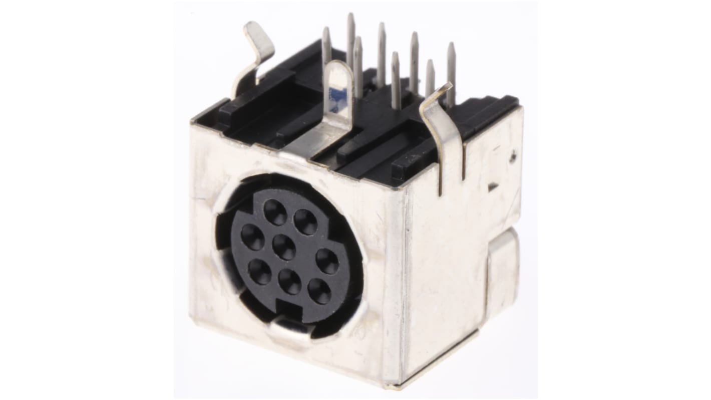 Connettore DIN femmina 8 poli TE Connectivity, corrente 1A, tensione 30 V c.a., montaggio a foro passante, orientamento angolo destro.