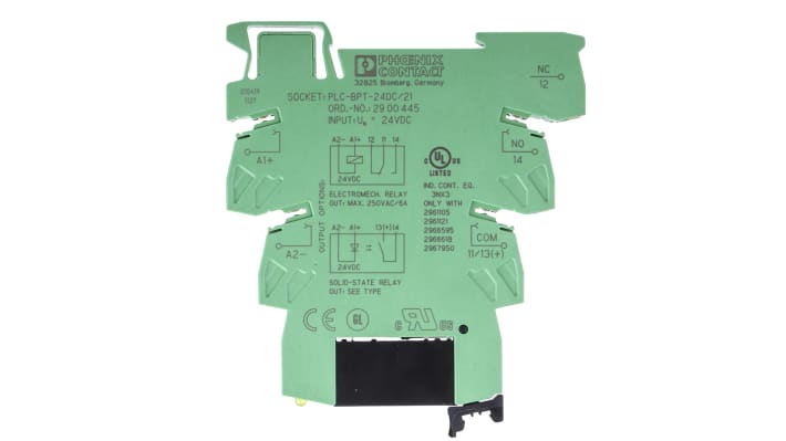 Zoccolo PLC-OPT di Phoenix Contact, relè d'interfaccia 6,2 mm, montaggio su guida DIN, collegamento a vite, codice 2900369.