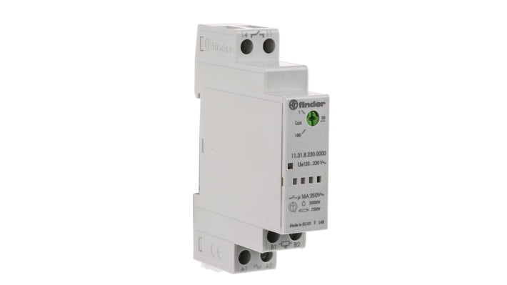 Finder 11.31.8.230.0000, pulsante temporizzatore unipolare 230 V, con sensore fotoelettrico e montaggio a pannello.