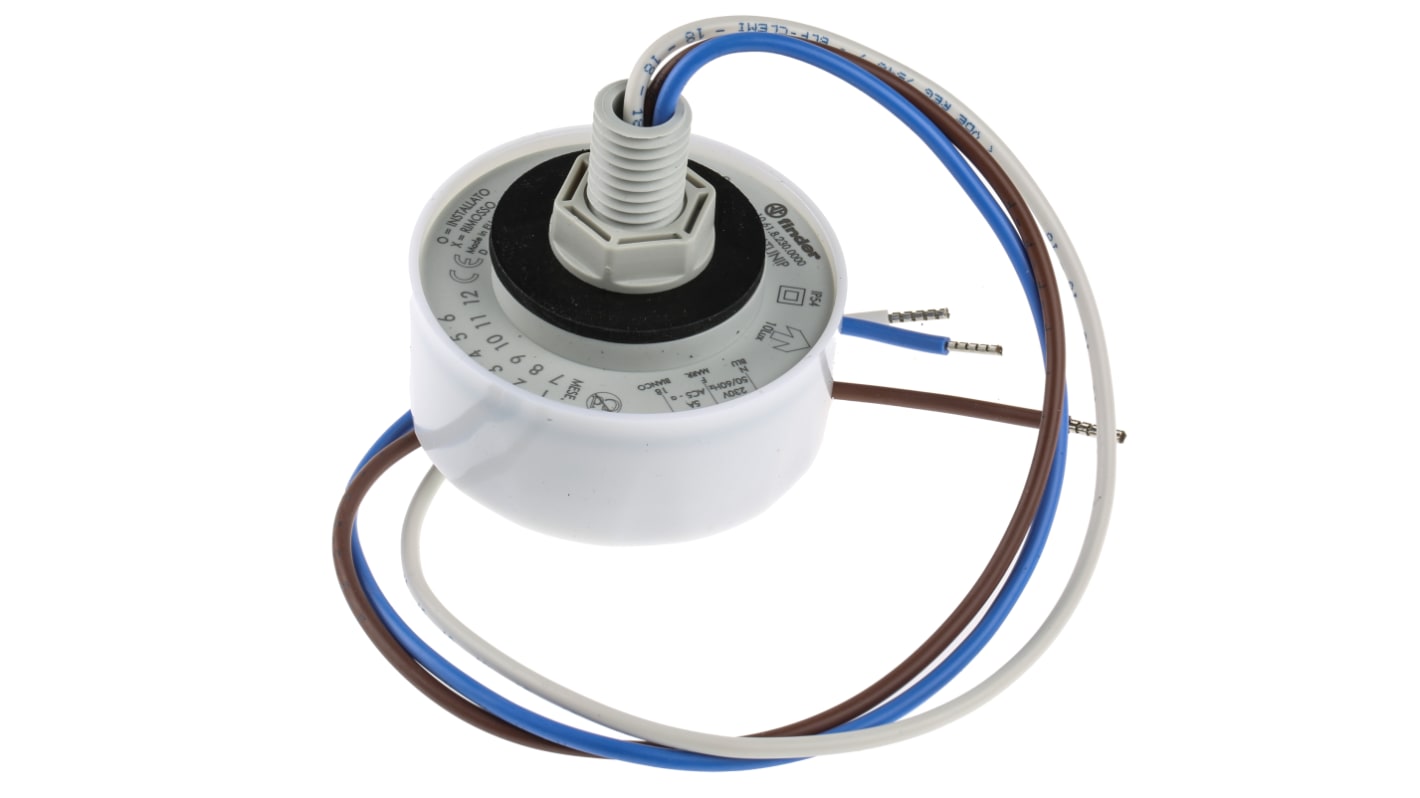 Finder 10.61.8.230.0000, pulsante temporizzatore unipolare 230 V, relè esterno 16 A, sensore luce integrato, cablaggio silicone 500 mm.