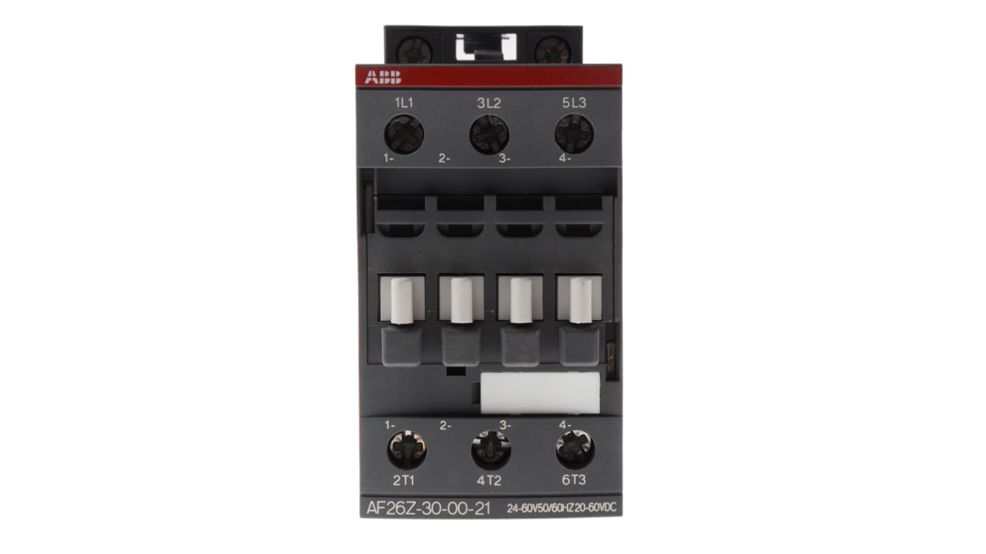 Contattore ABB 1SBL236001R2100 AF 3 poli, 3 NA, 45 A, 11 kW, 24 V, dimensioni 86x45x86 mm, resistente a vibrazioni.