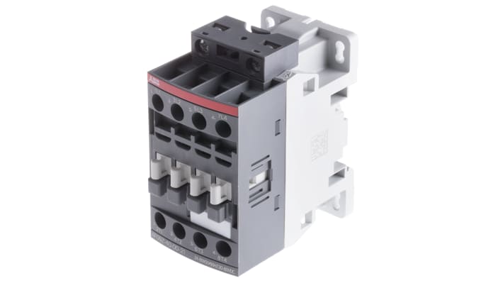 Contattore ABB 1SBL136201R2100 AF, 4 poli, 7 A, bobina 24 V, dimensioni 45x86x77 mm, protezione transitori.