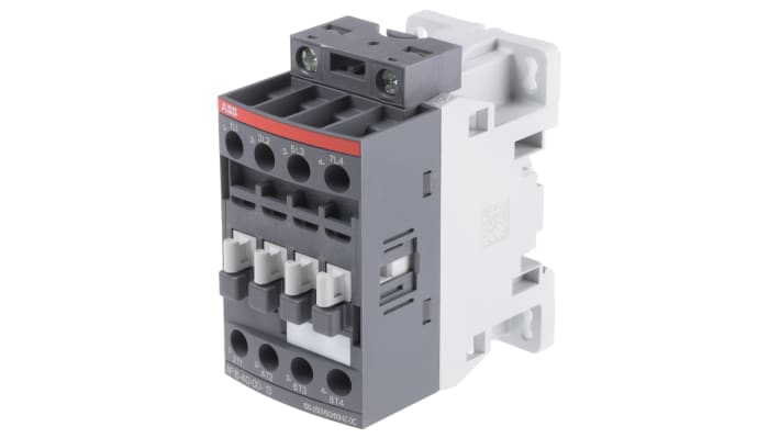 Contattore ABB 1SBL177201R1300, 4 poli, 30 A, 230 V, montaggio su guida DIN, dimensioni 45 x 80 x 77 mm.