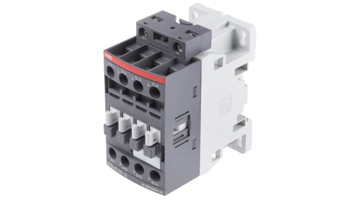 Contattore ABB 1SBL177201R1200, serie AF, 4 poli 4NO, corrente 30 A, montaggio su guida DIN, dimensioni 45x80x77 mm.