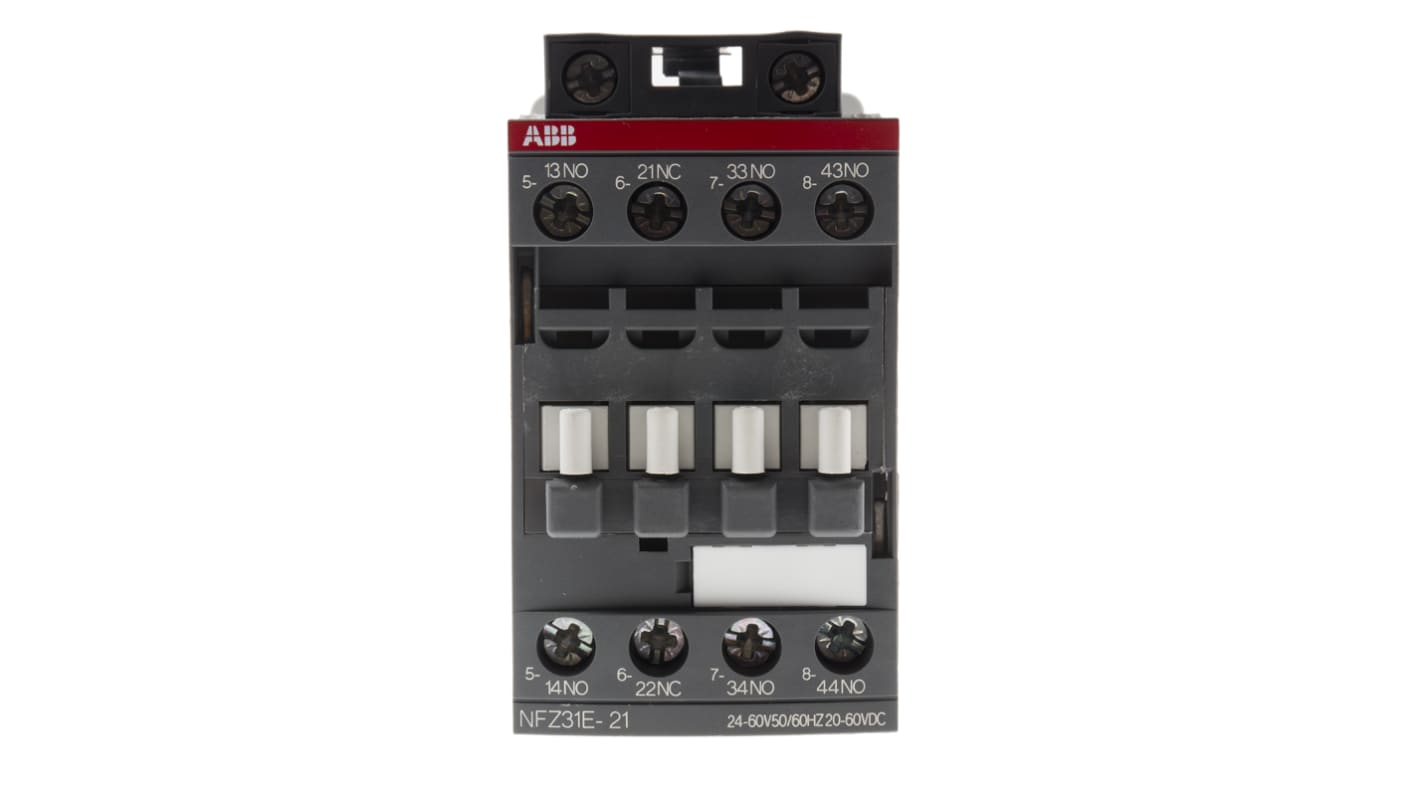 Relè contattore ABB 1SBH136001R2131 NFZ31E-21, 4 poli, 3NO + 1NC, tensione bobina 20-60 V c.c., dimensioni 45x80x77 mm.
