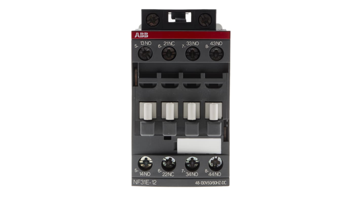 Relè contattore ABB 1SBH137001R1231 NF, 4 poli, 3NO + 1NC, 6 A, bobina 110 V c.a., dimensioni 80x45x77 mm.