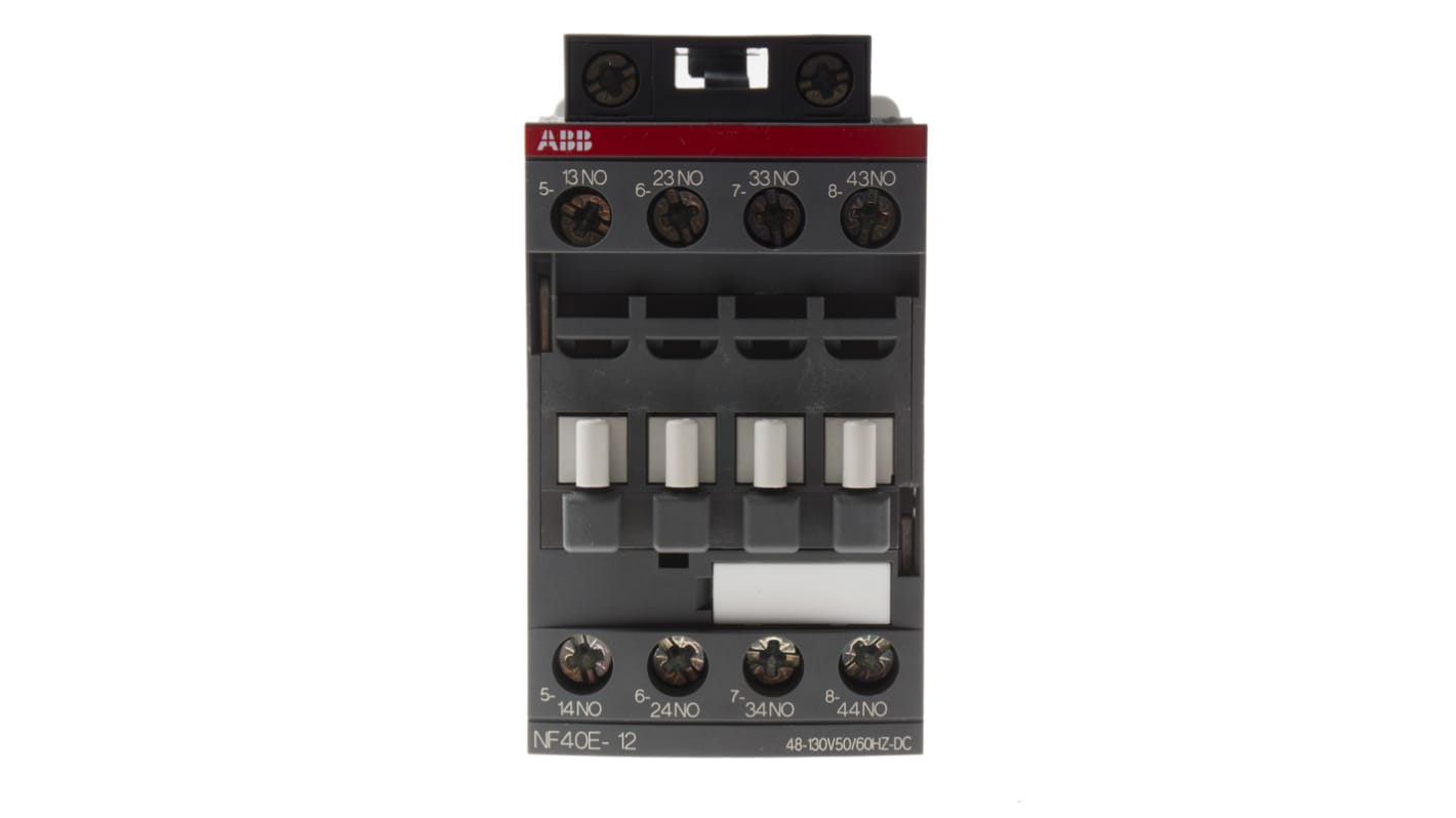 Relè contattore ABB 1SBH137001R1240 NF40E-12, 4 poli, 6 A, bobina 110 V c.a., dimensioni 45x80x77 mm, conforme a IEC 60947-5-1.