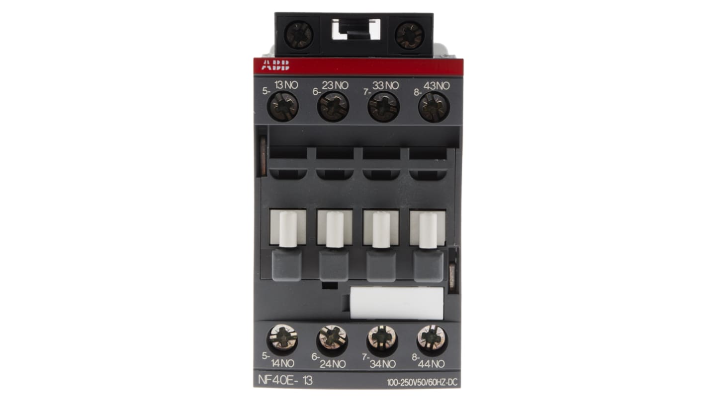 Relè contattore ABB 1SBH137001R1340 NF40E-13, 4 poli, 4NO, 6 A, bobina 230 V, dimensioni 45x80x77 mm, temperatura -40/+70 °C.