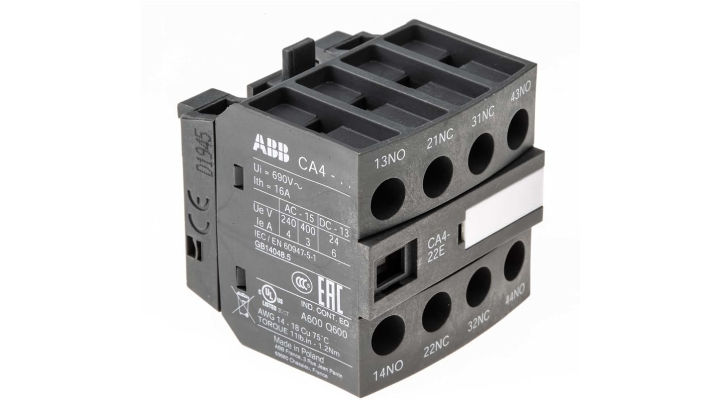 Modulo contatti ABB 1SBN010140R1022 CA4-22E, 4P, 2NC + 2NO, montaggio frontale, dimensioni 43 x 43 x 39,5 mm, IP20.
