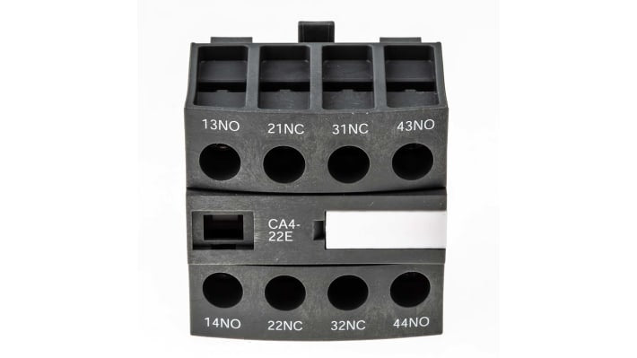 Modulo contatti ABB 1SBN010140R1022 CA4-22E, 4P, 2NC + 2NO, montaggio frontale, dimensioni 43 x 43 x 39,5 mm, IP20.