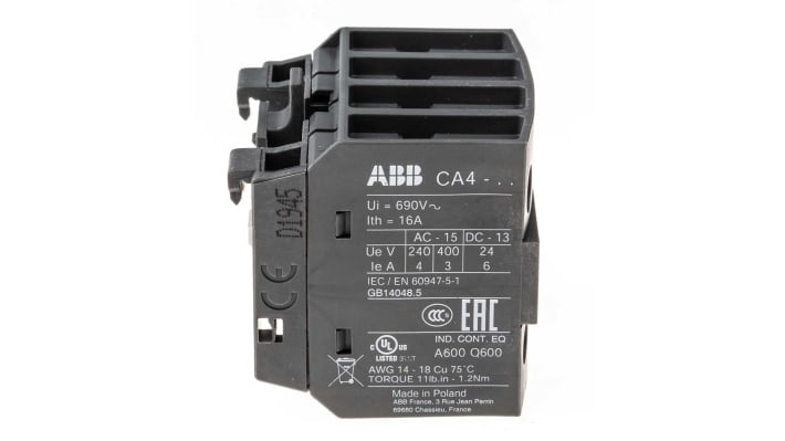 Modulo contatti ABB 1SBN010140R1022 CA4-22E, 4P, 2NC + 2NO, montaggio frontale, dimensioni 43 x 43 x 39,5 mm, IP20.