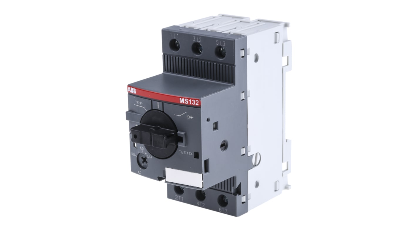 Interruttore automatico del motore ABB 1SAM350000R1009 MS132-6.3, 3 poli, corrente 4-6,3 A, montaggio su guida DIN, dimensioni 90x45x81,25 mm.