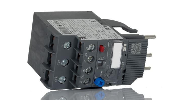 Relè di sovraccarico termico ABB 1SAZ721201R1038 TF42-5.7, 3 poli, 5,7 A, montaggio diretto, dimensioni 45x88,3x70,5 mm.