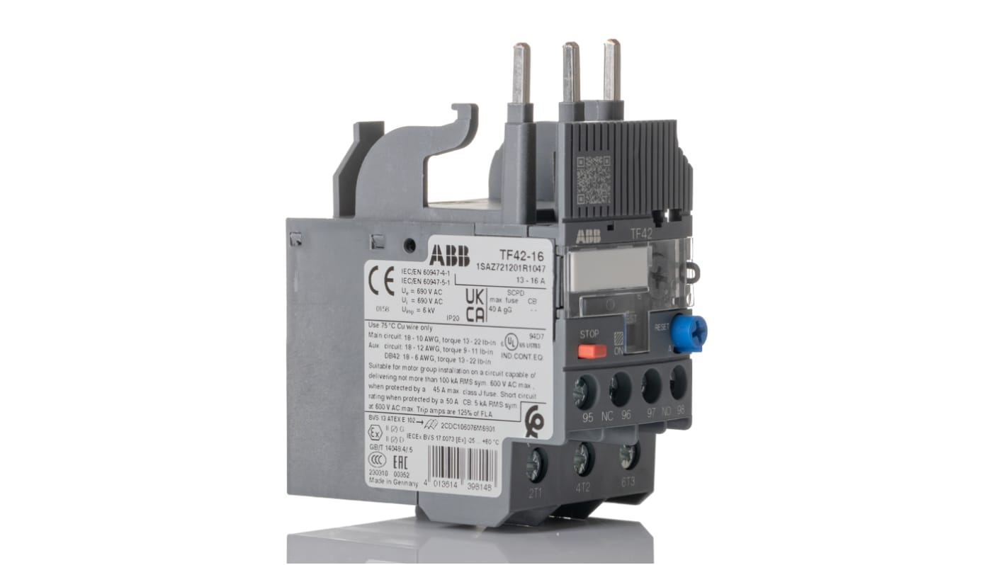 Relè di sovraccarico termico ABB 1SAZ721201R1047 TF42-16, 1 NO + 1 NC, corrente nominale 16 A, dimensioni 45 x 70,5 x 88,3 mm.