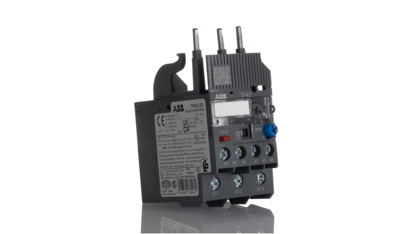 Relè di sovraccarico termico ABB 1SAZ721201R1049 TF42-20, 1 NO + 1 NC, 20 A, montaggio diretto, dimensioni 45x70,5x88,3 mm.