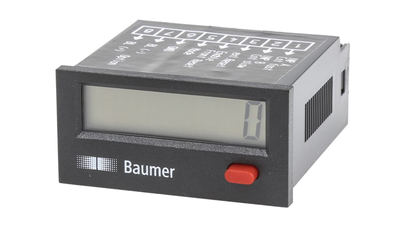 Baumer ISI30.010AA01, contatore digitale con display LCD 8 cifre, montaggio a pannello, dimensioni 48mm x 24mm.