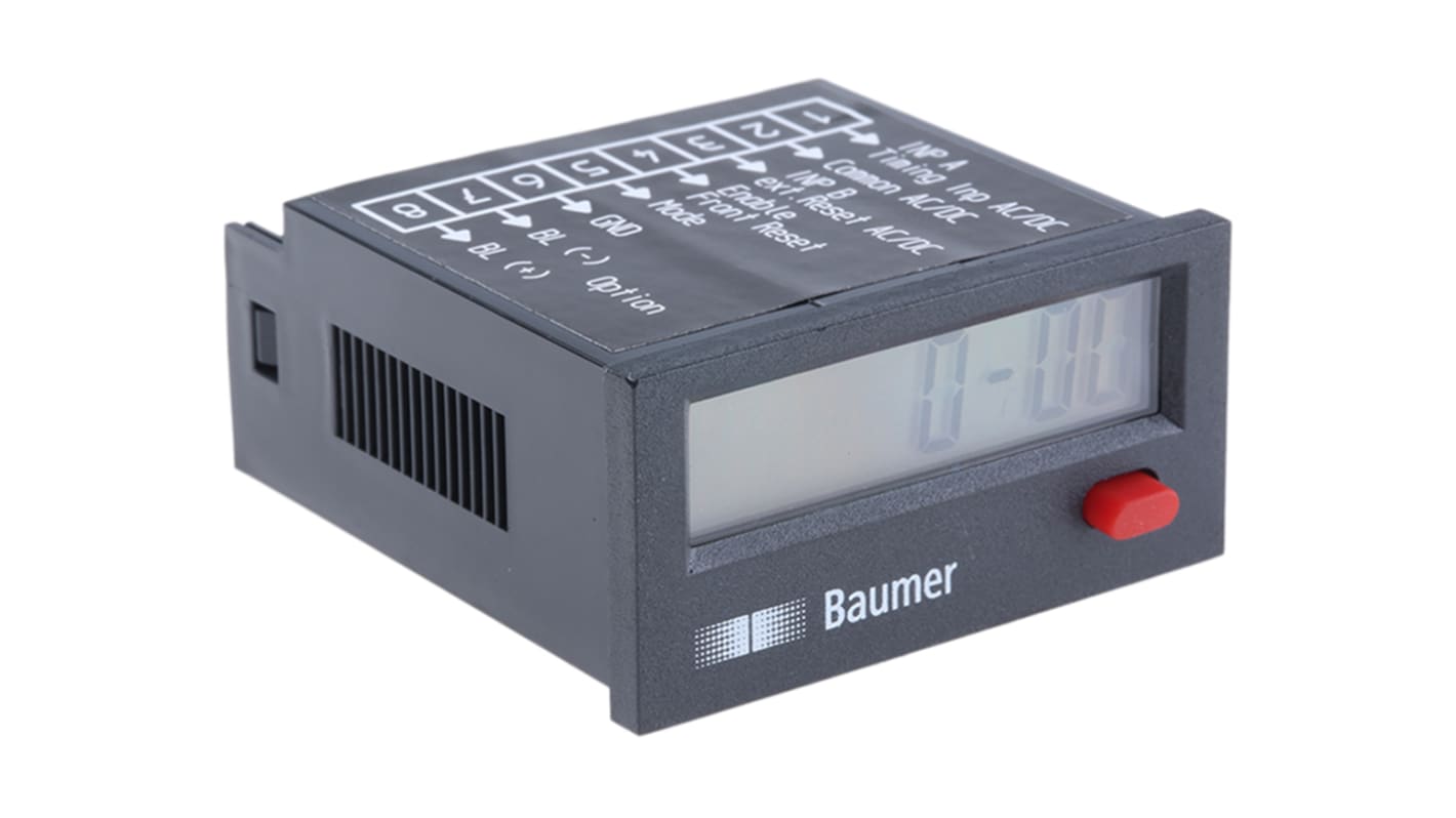 Baumer ISI34.013AA01, contatore LCD 8 cifre, montaggio a pannello, dimensioni 48mm x 24mm, grado di protezione IP65.