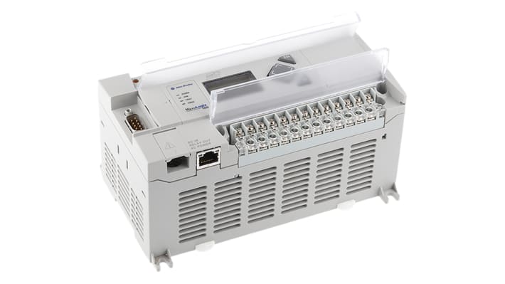 Controllore logico Allen Bradley 1766-L32BWA, 20 ingressi digitali, montaggio su guida DIN, dimensioni 87 x 180 x 90 mm.
