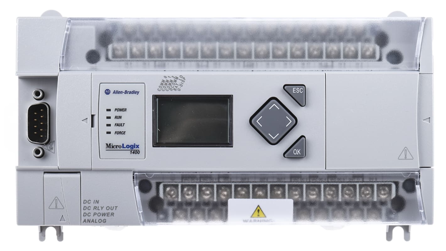Modulo I/O Allen Bradley 1766-L32BXBA per MicroLogix 1400, 20 ingressi digitali, 12 uscite relè, montaggio su guida DIN. Dimensioni 87 x 180 x 90 mm.